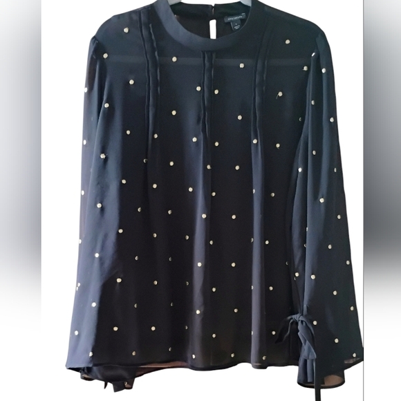 Ann Taylor Women's Sheer Black with Gold Foil Polka Dots Blouse Sz L - Picture 4 of 11